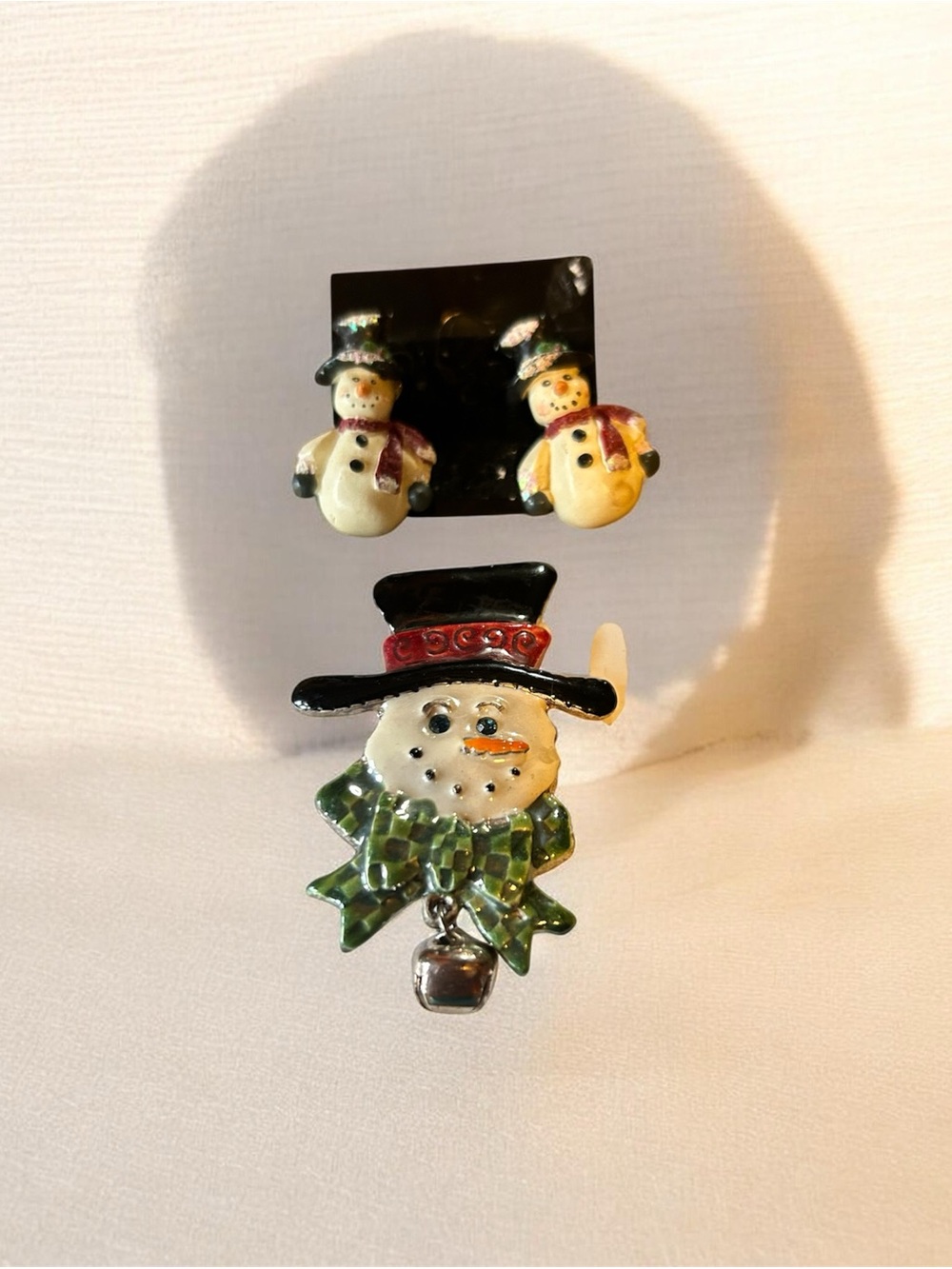 Holiday Snowman Brooch and Earring Set - Green Scarf, Black Hat New